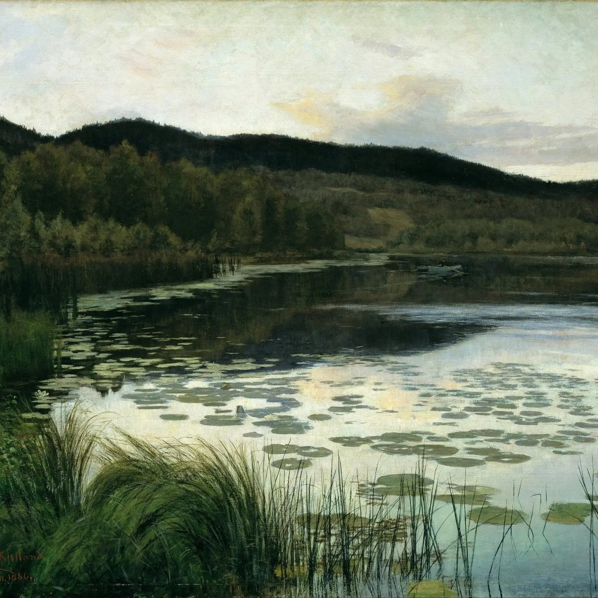 Landscape Oil Painting | Lily - Covered Lake Scene with Mountain Backdrop - Oil Painting Haven