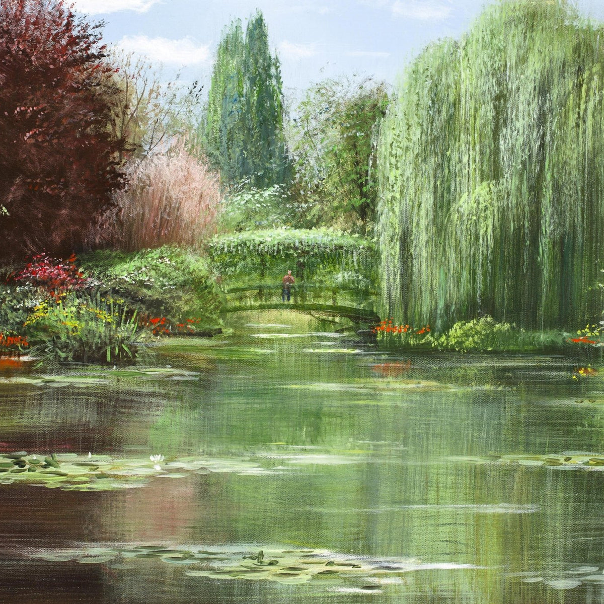 Landscape Oil Painting - Lily pond garden & weeping willow, lush foliage - Oil Painting Haven