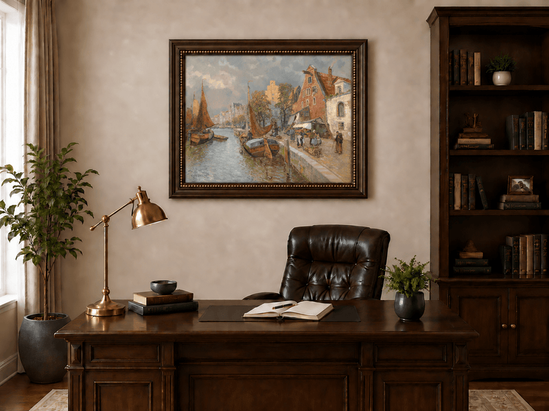 Landscape Oil Painting - Lively European Canal Market