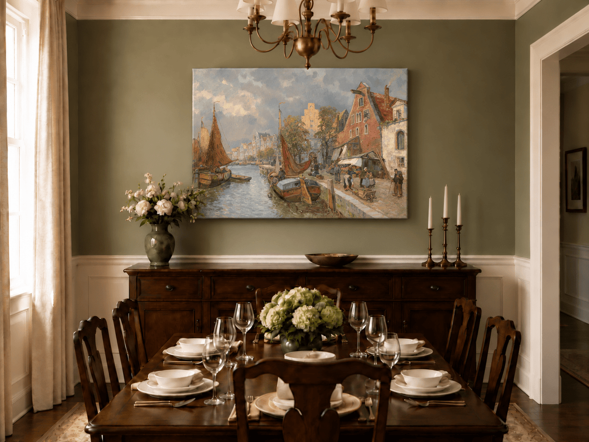 Landscape Oil Painting - Lively European Canal Market