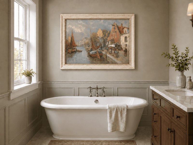 Landscape Oil Painting - Lively European Canal Market