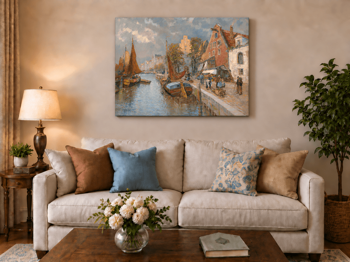 Landscape Oil Painting - Lively European Canal Market