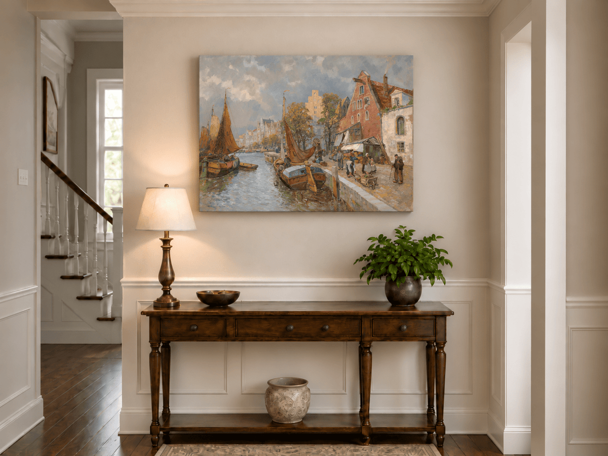 Landscape Oil Painting - Lively European Canal Market