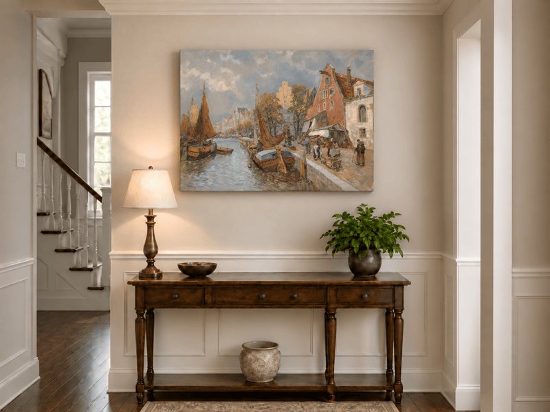 Landscape Oil Painting - Lively European Canal Market