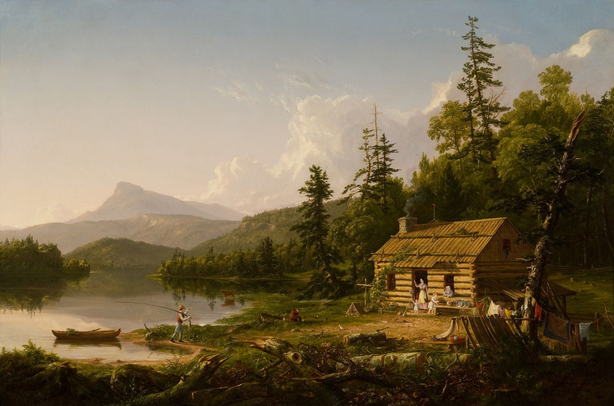Landscape Oil Painting - Log Cabin by the Lake with Rural Life - Oil Painting Haven