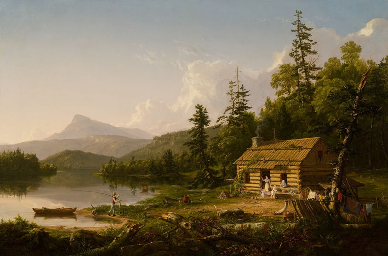Landscape Oil Painting - Log Cabin by the Lake with Rural Life - Oil Painting Haven
