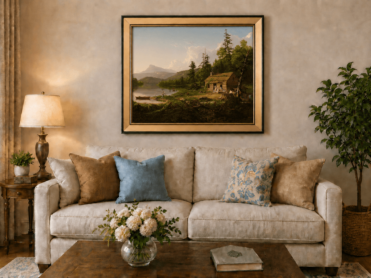 Peinture à l'huile de paysage - Cabane en rondins au bord d'un lac avec vie rurale