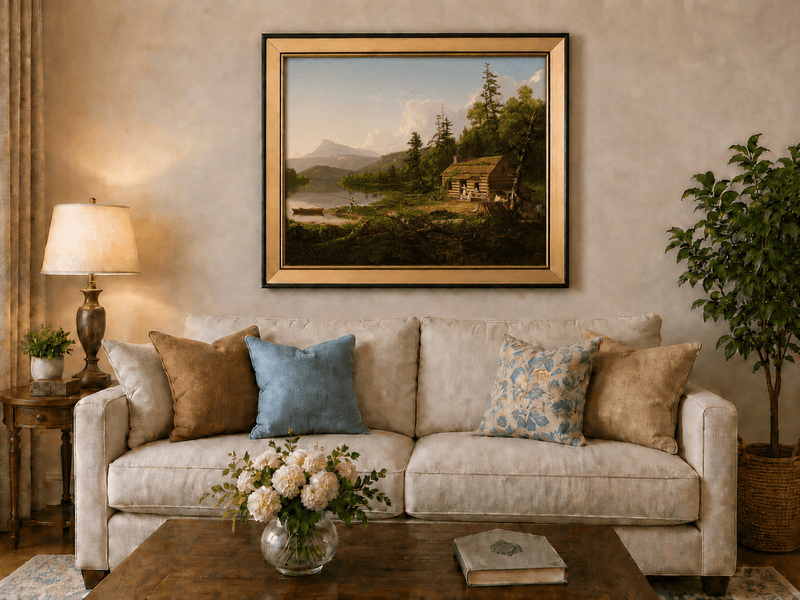 Peinture à l'huile de paysage - Cabane en rondins au bord d'un lac avec vie rurale