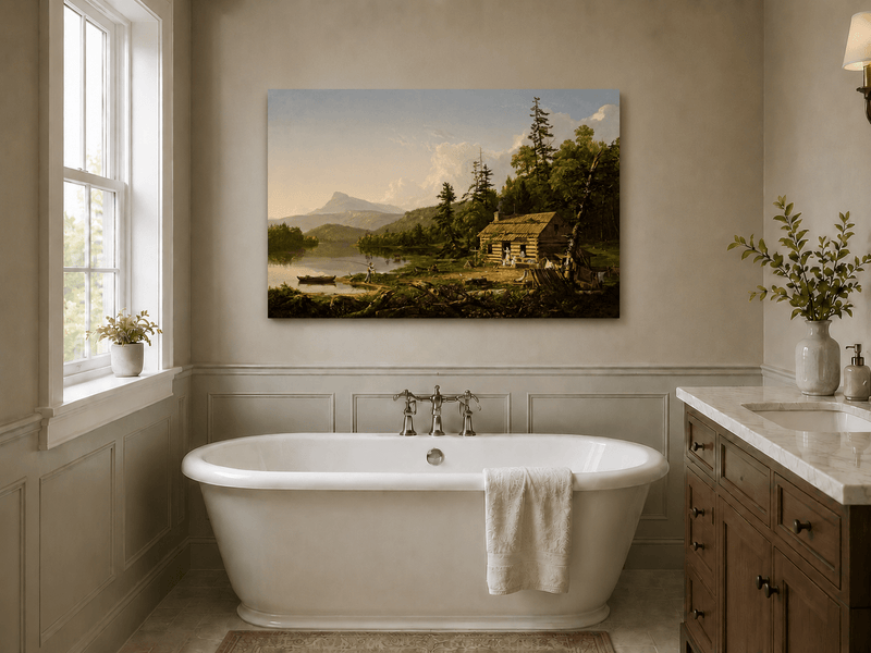 Peinture à l'huile de paysage - Cabane en rondins au bord d'un lac avec vie rurale