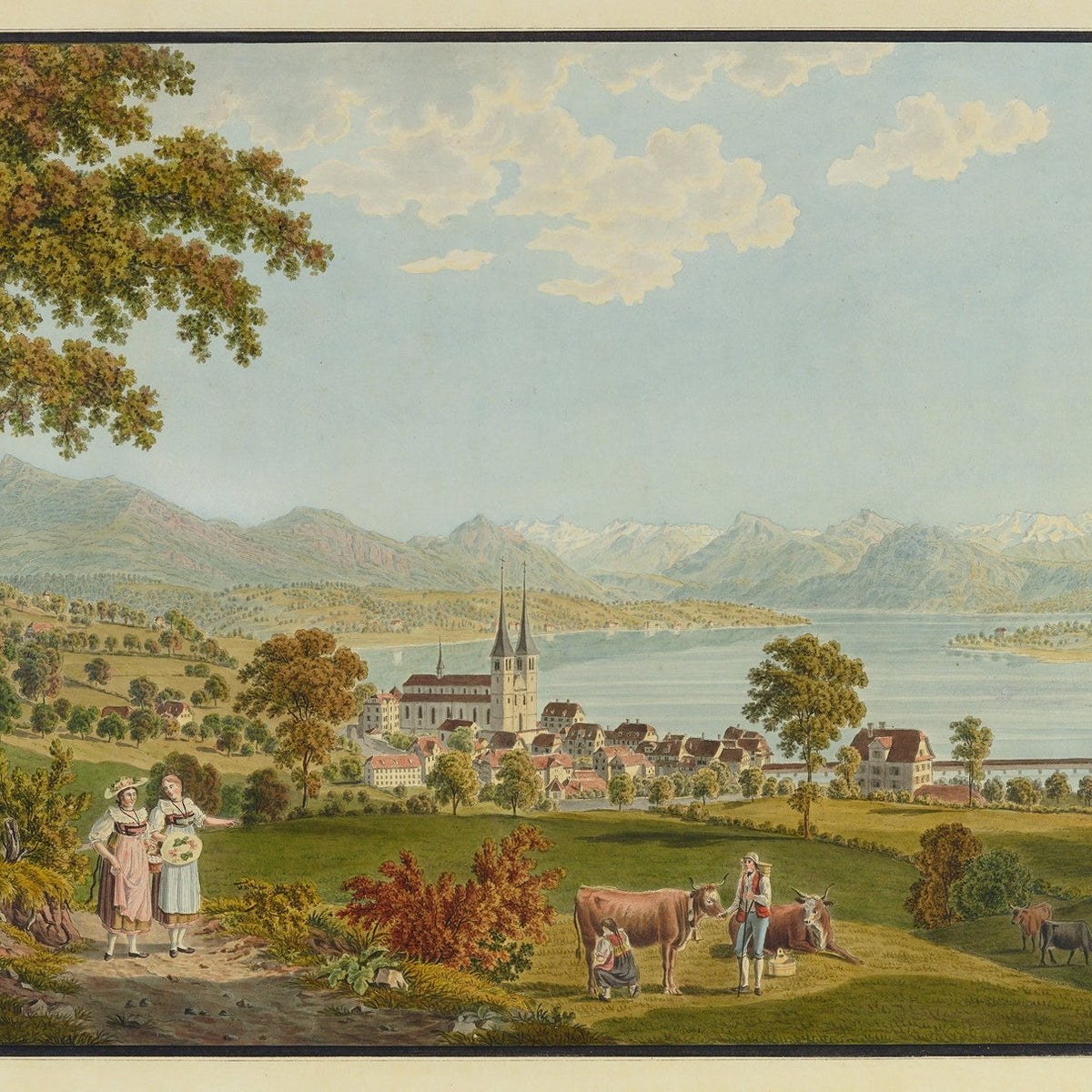 Hand-painted lucerne lake village with cows and alps landscape oil painting on canvas