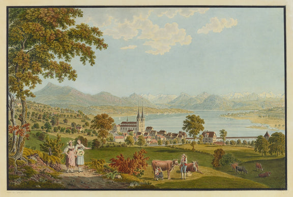 Hand-painted lucerne lake village with cows and alps landscape oil painting on canvas