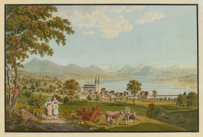 Hand-painted lucerne lake village with cows and alps landscape oil painting on canvas