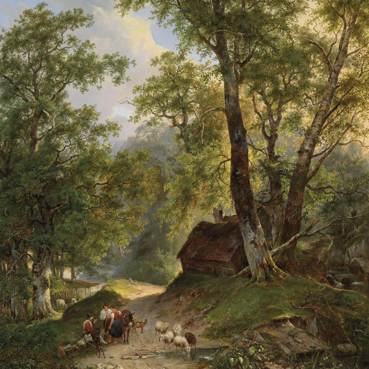 Landscape Oil Painting - Lush Forest Rural & Shepherds, Woodland Cottage - Oil Painting Haven