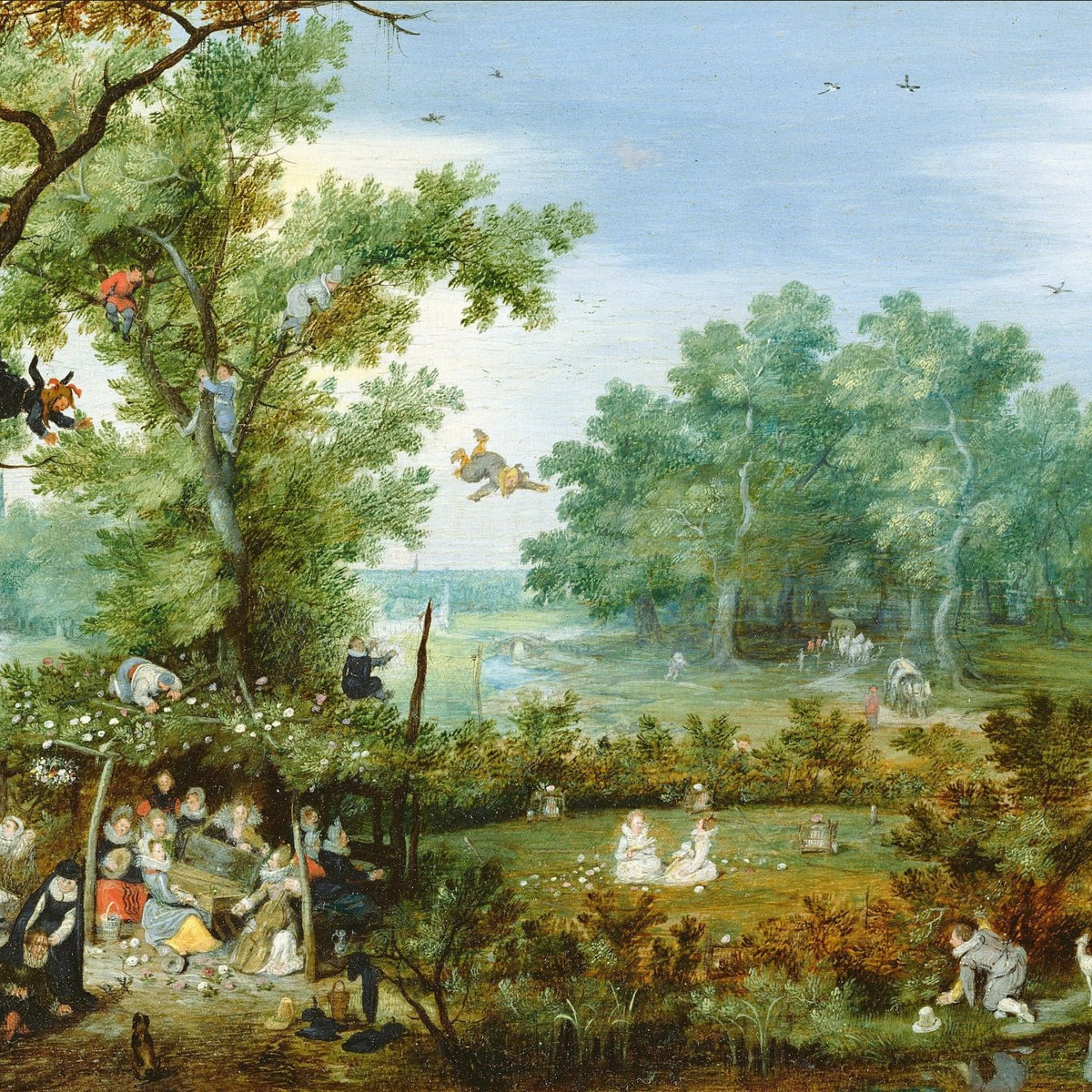 Landscape Oil Painting - Lush Forest with Figures & Activities - Oil Painting Haven