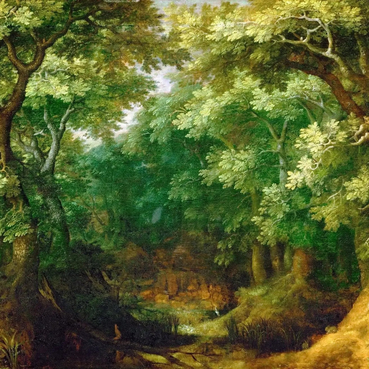 Landscape Oil Painting - Lush Forest with Sunlit Trees - Oil Painting Haven