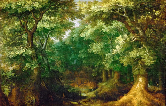 Landscape Oil Painting - Lush Forest with Sunlit Trees - Oil Painting Haven