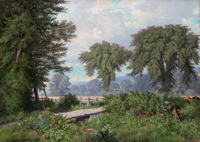 Landscape Oil Painting - Lush Trees, Wooden Footbridge & Country Field - Oil Painting Haven