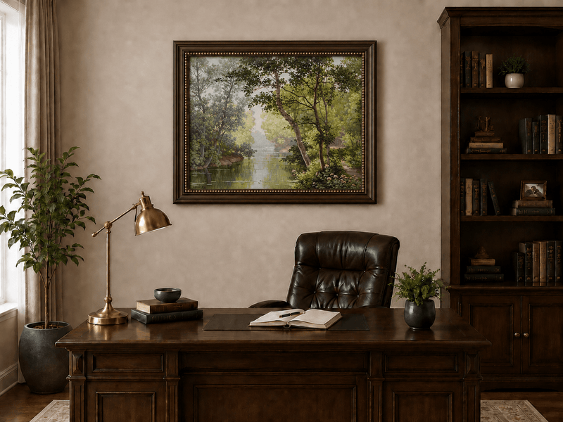 Pintura al óleo de paisaje - Árboles frondosos, bosque, río y calma