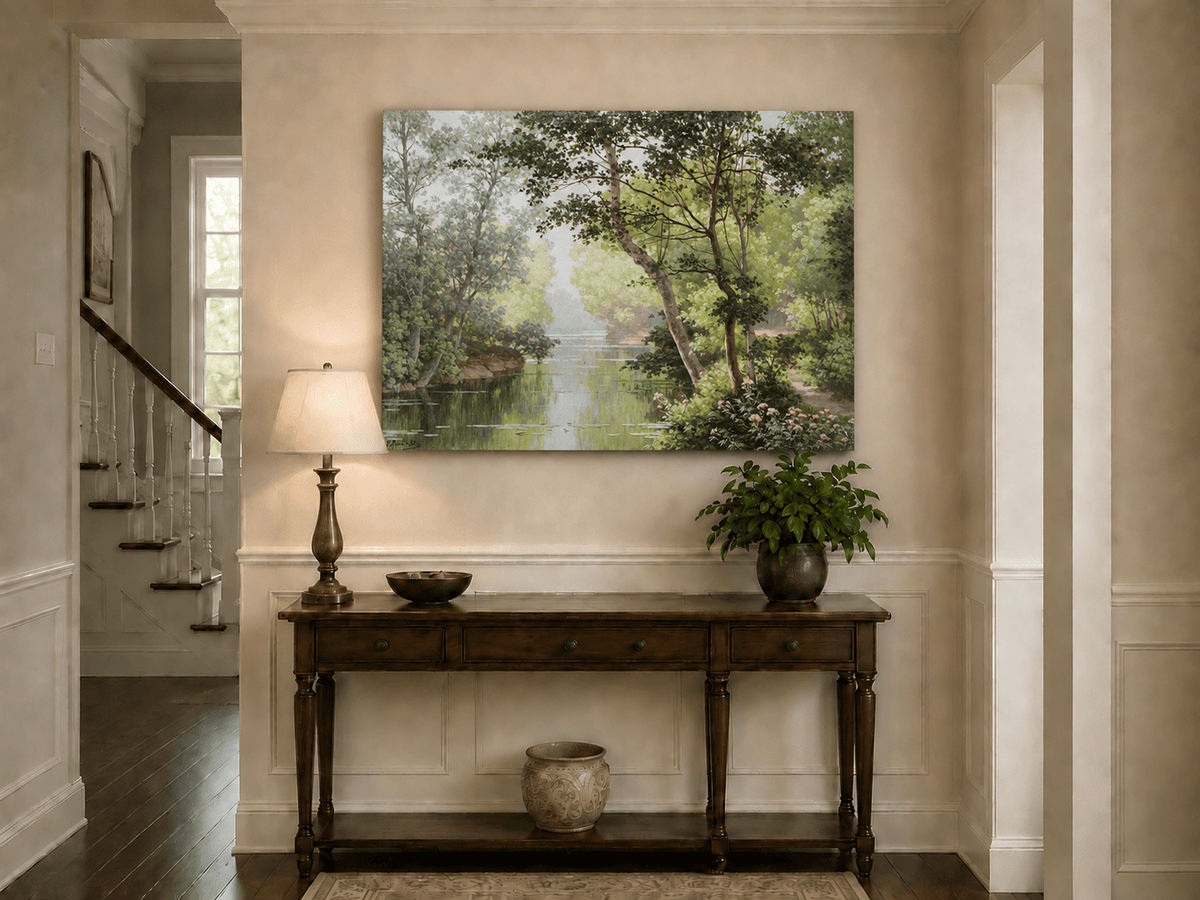 Pintura al óleo de paisaje - Árboles frondosos, bosque, río y calma