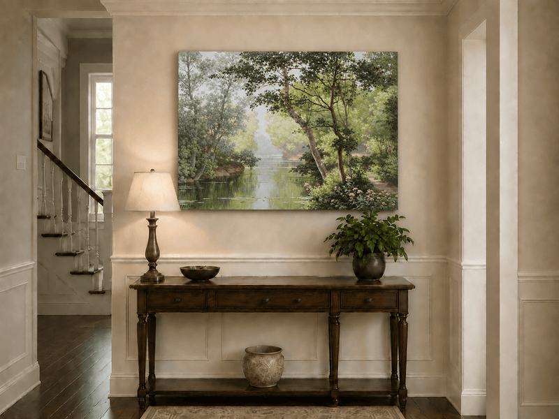 Pintura al óleo de paisaje - Árboles frondosos, bosque, río y calma