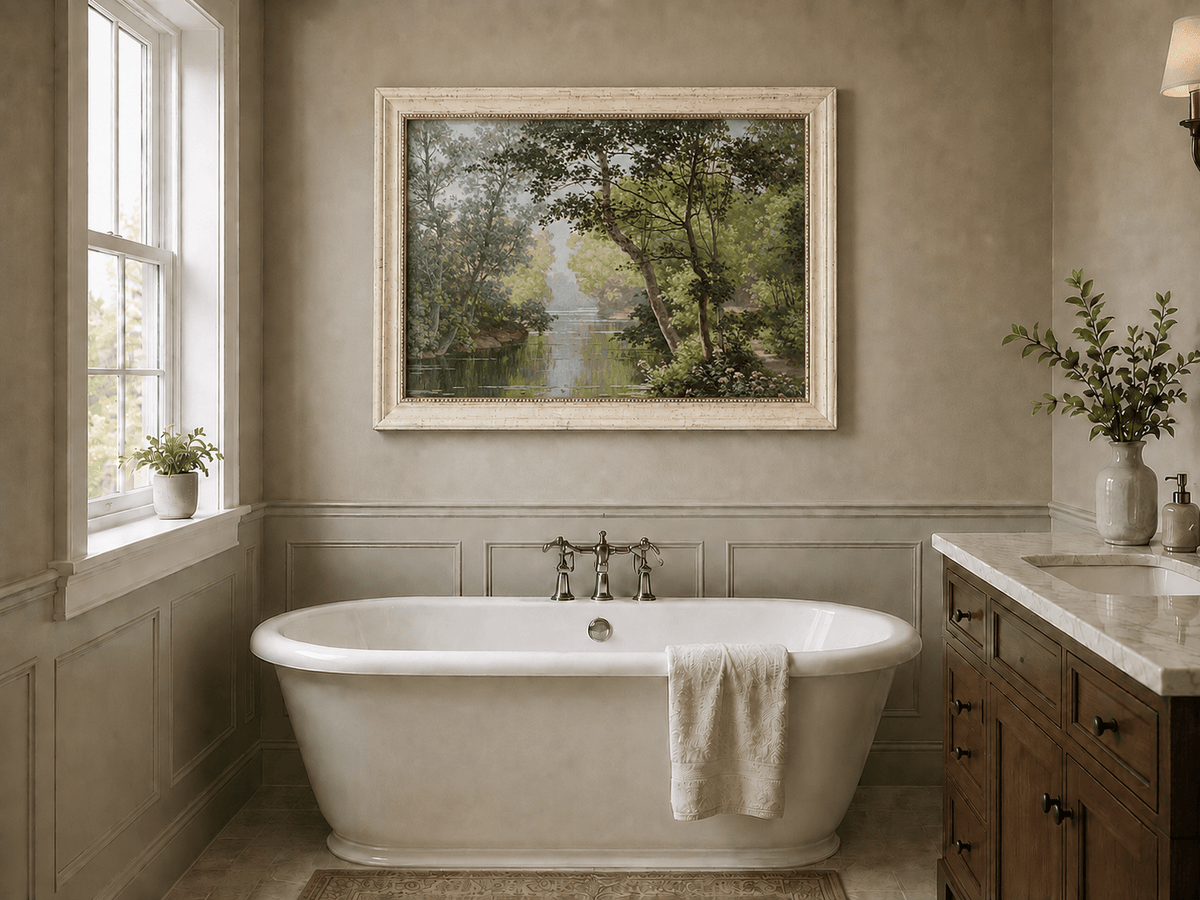 Pintura al óleo de paisaje - Árboles frondosos, bosque, río y calma