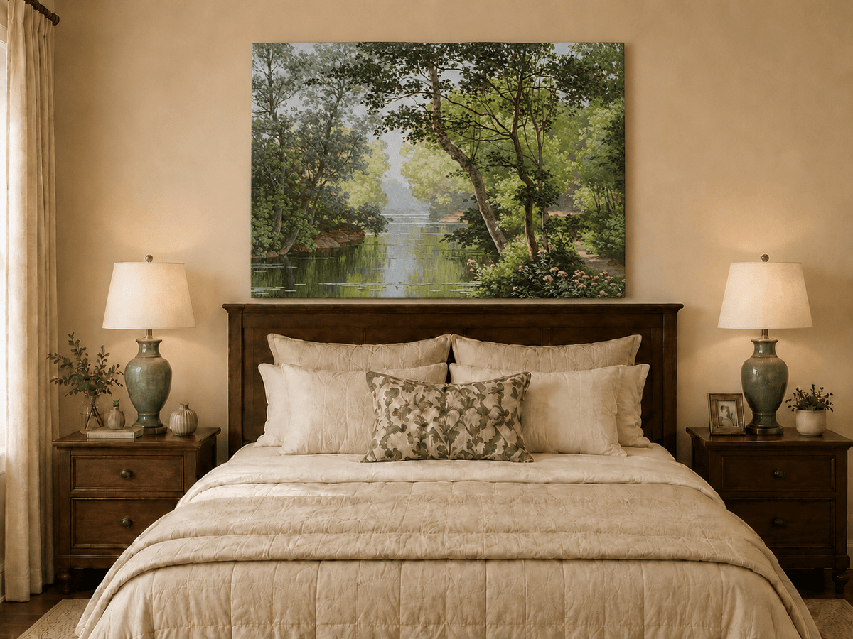 Pintura al óleo de paisaje - Árboles frondosos, bosque, río y calma