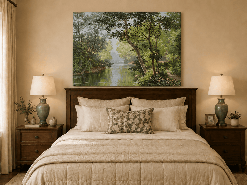 Pintura al óleo de paisaje - Árboles frondosos, bosque, río y calma