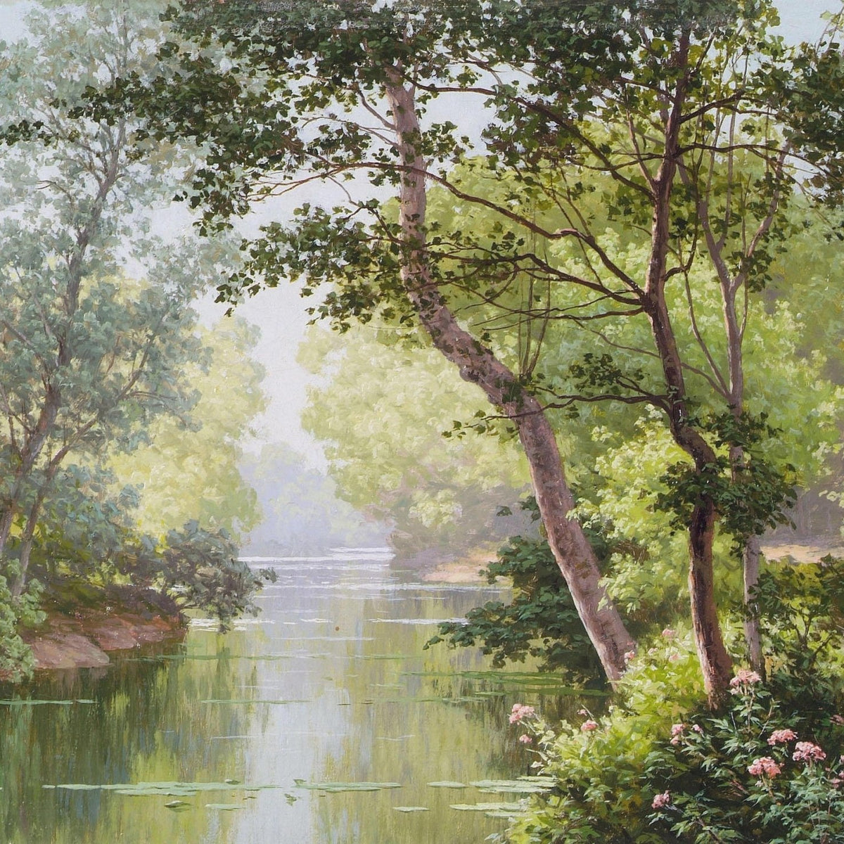 Landscape Oil Painting - Lush trees woodland river & calm reflections - Oil Painting Haven