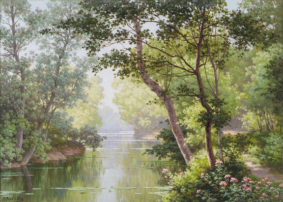 Landscape Oil Painting - Lush trees woodland river & calm reflections - Oil Painting Haven