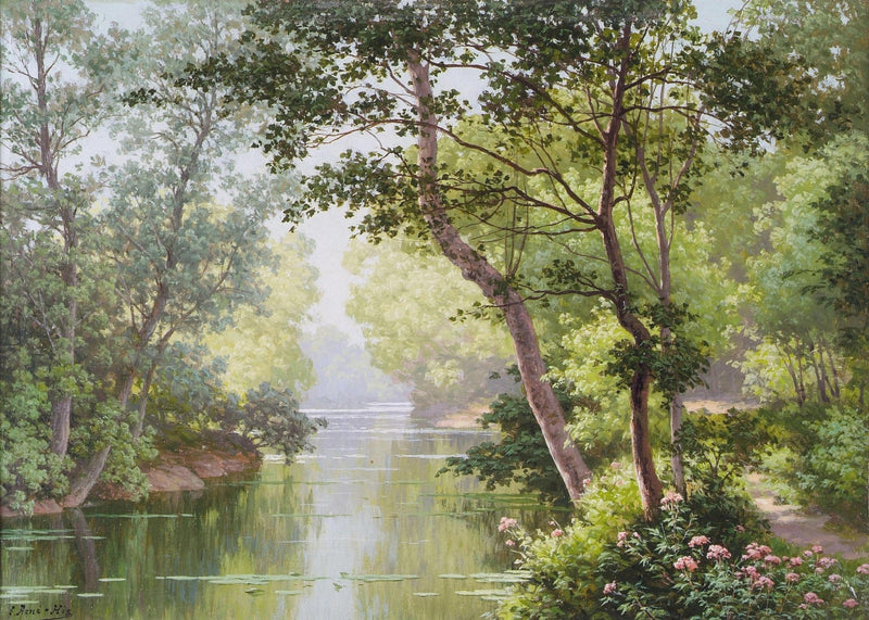 Landscape Oil Painting - Lush trees woodland river & calm reflections - Oil Painting Haven