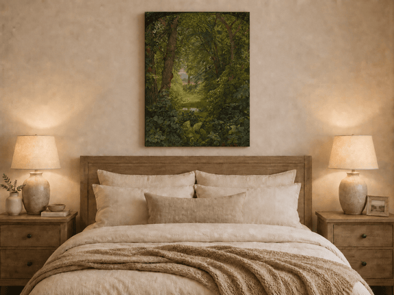 Unframed hand-painted woodland oil painting with a green path leading to a small pond displayed above a wooden bed in a neutral bedroom.