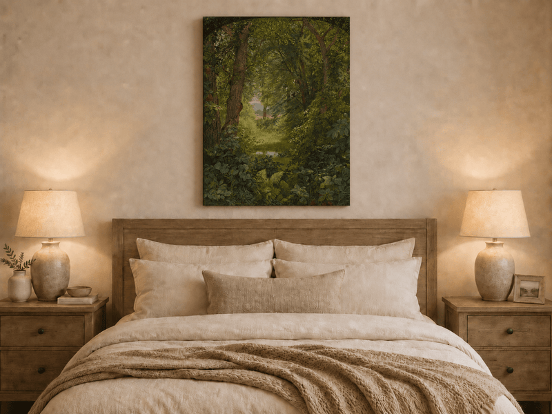 Unframed hand-painted woodland oil painting with a green path leading to a small pond displayed above a wooden bed in a neutral bedroom.