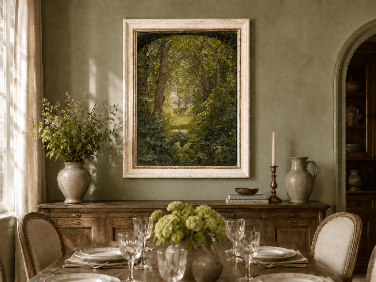 Framed hand-painted woodland oil painting with a green path leading to a small pond displayed above a formal dining table.