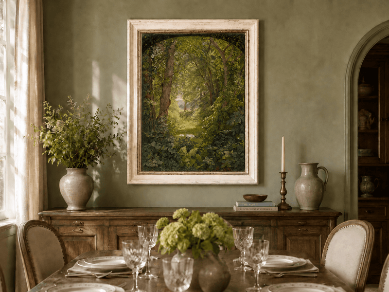 Framed hand-painted woodland oil painting with a green path leading to a small pond displayed above a formal dining table.