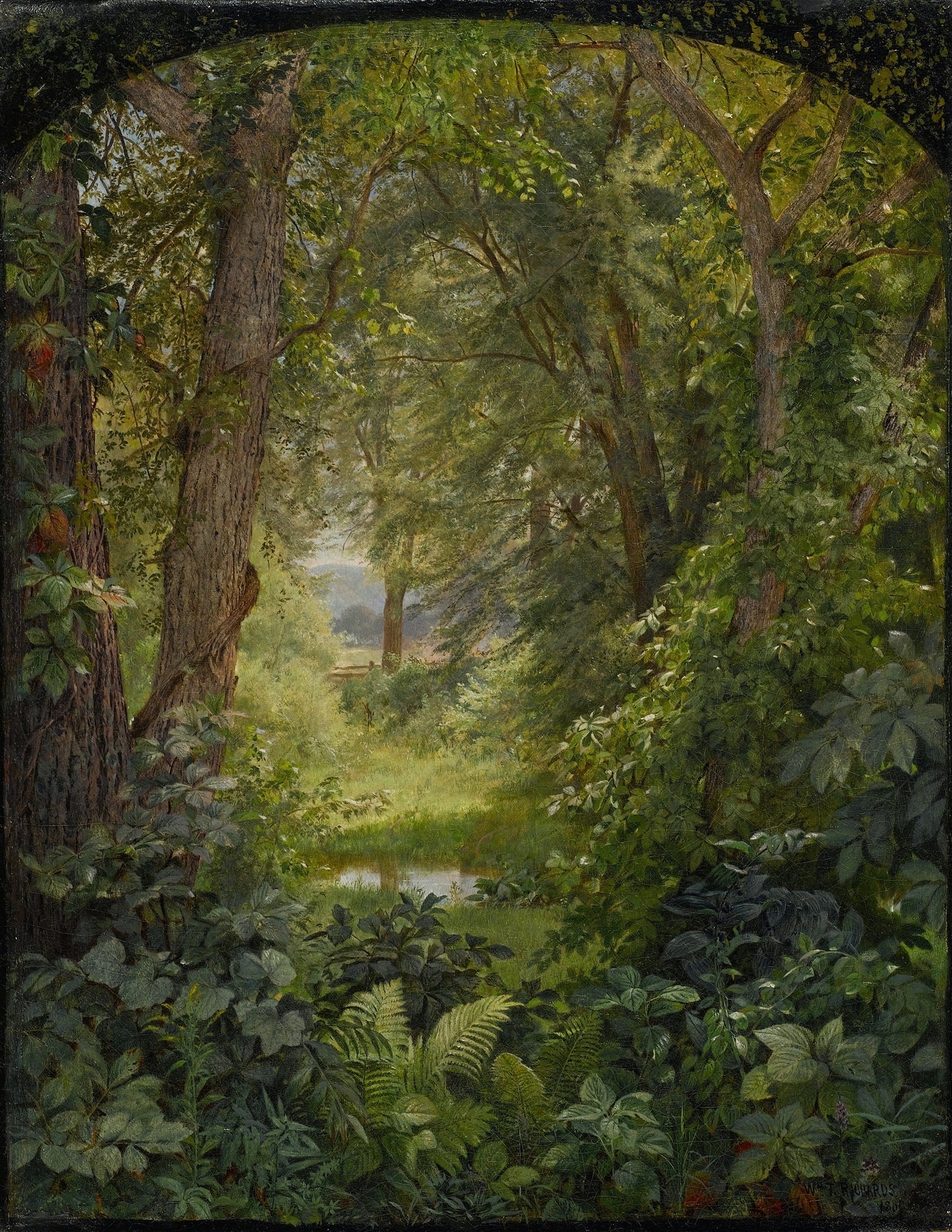 Landscape Oil Painting - Lush Woodland, Green Path & Small Pond - Oil Painting Haven