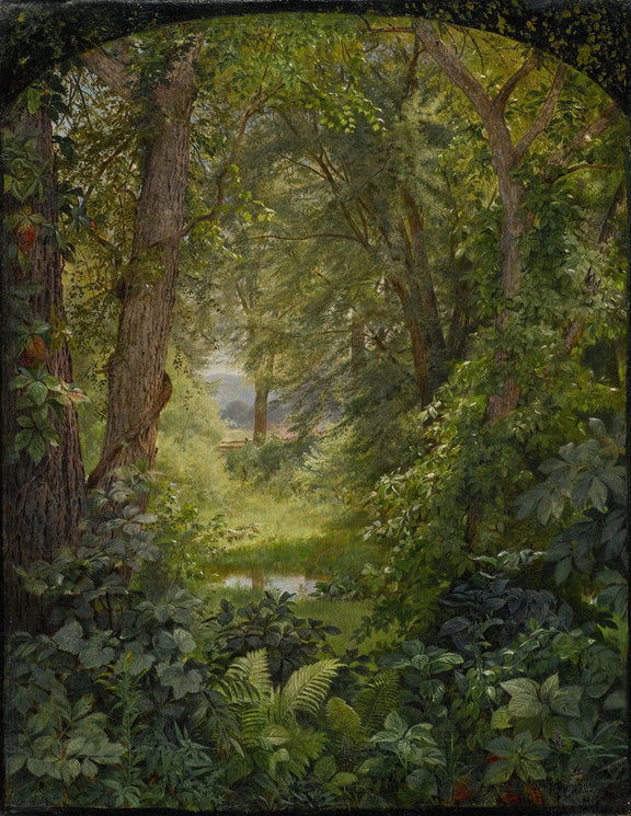 Landscape Oil Painting - Lush Woodland, Green Path & Small Pond - Oil Painting Haven