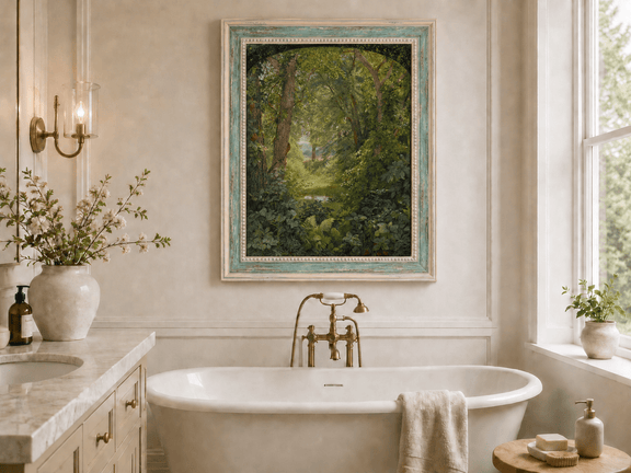 Framed hand-painted woodland oil painting with a green path leading to a small pond displayed above a freestanding bathtub.