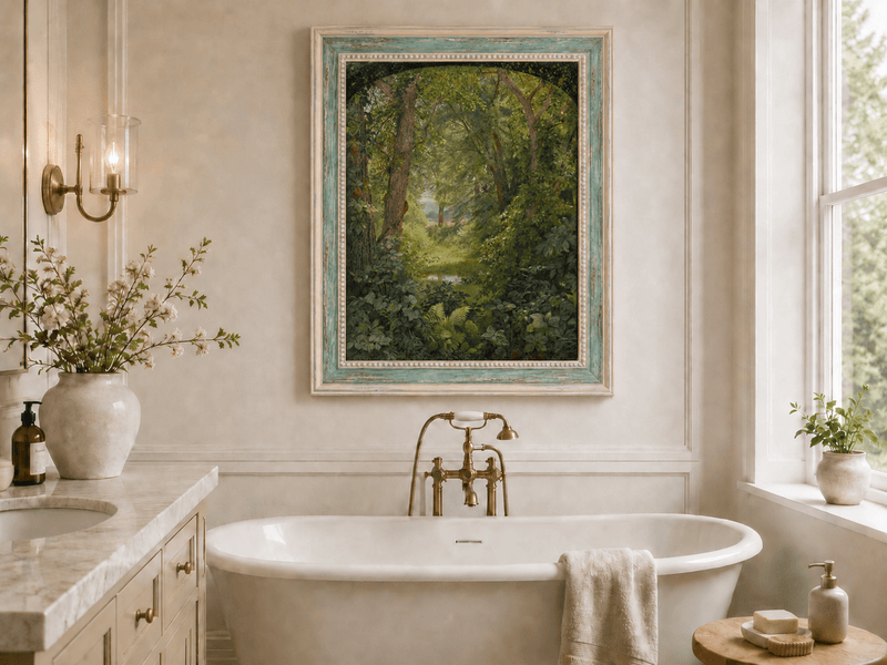 Framed hand-painted woodland oil painting with a green path leading to a small pond displayed above a freestanding bathtub.