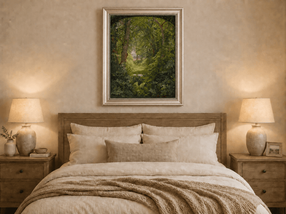 Framed hand-painted woodland oil painting with a green path leading to a small pond displayed above a wooden bed in a neutral bedroom.