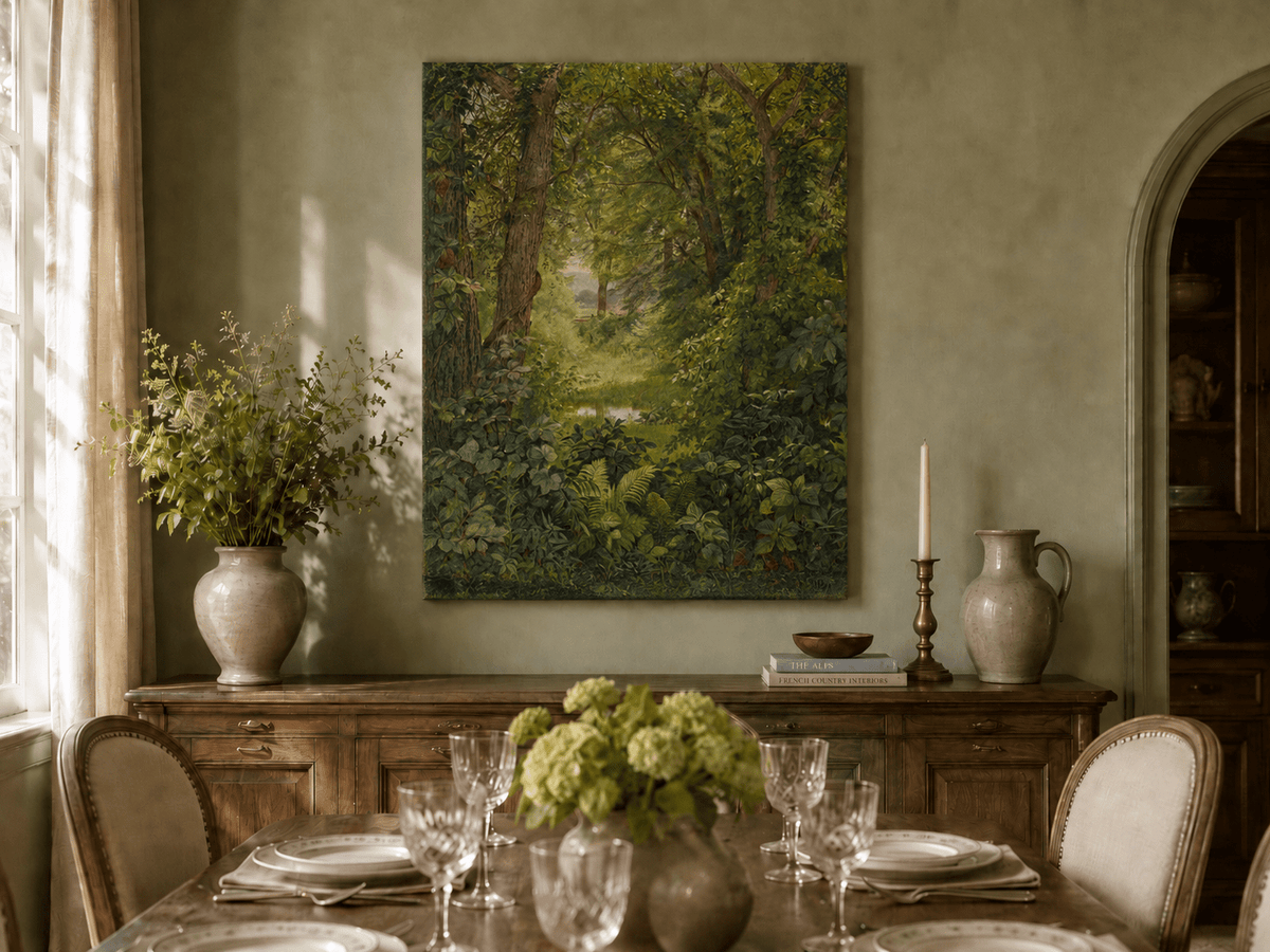 Unframed hand-painted woodland oil painting with a green path leading to a small pond displayed above a formal dining table.