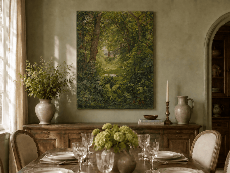 Unframed hand-painted woodland oil painting with a green path leading to a small pond displayed above a formal dining table.