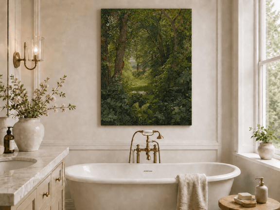 Unframed hand-painted woodland oil painting with a green path leading to a small pond displayed above a freestanding bathtub.