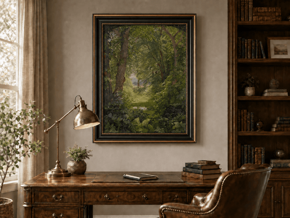 Framed hand-painted woodland oil painting with a green path leading to a small pond displayed above a traditional home office desk.