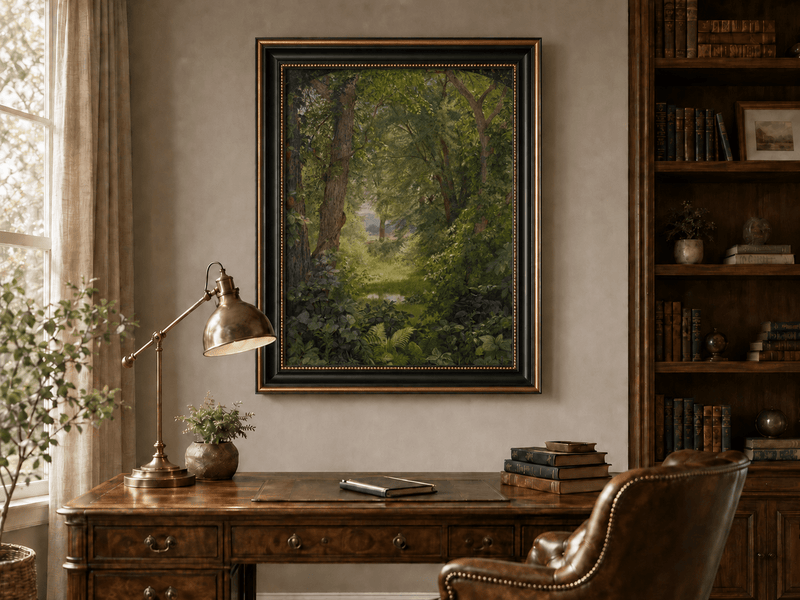 Framed hand-painted woodland oil painting with a green path leading to a small pond displayed above a traditional home office desk.