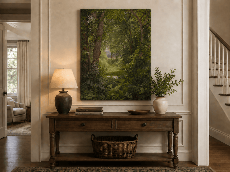 Unframed hand-painted woodland oil painting with a green path leading to a small pond displayed above an entryway console table.