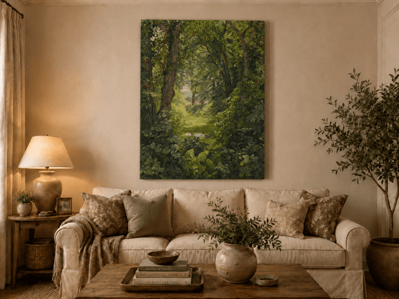 Unframed hand-painted woodland oil painting with a green path leading to a small pond displayed above a neutral living room sofa.