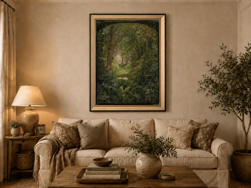 Framed hand-painted woodland oil painting with a green path leading to a small pond displayed above a neutral living room sofa.