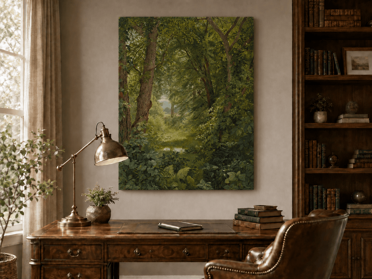 Unframed hand-painted woodland oil painting with a green path leading to a small pond displayed above a traditional home office desk.