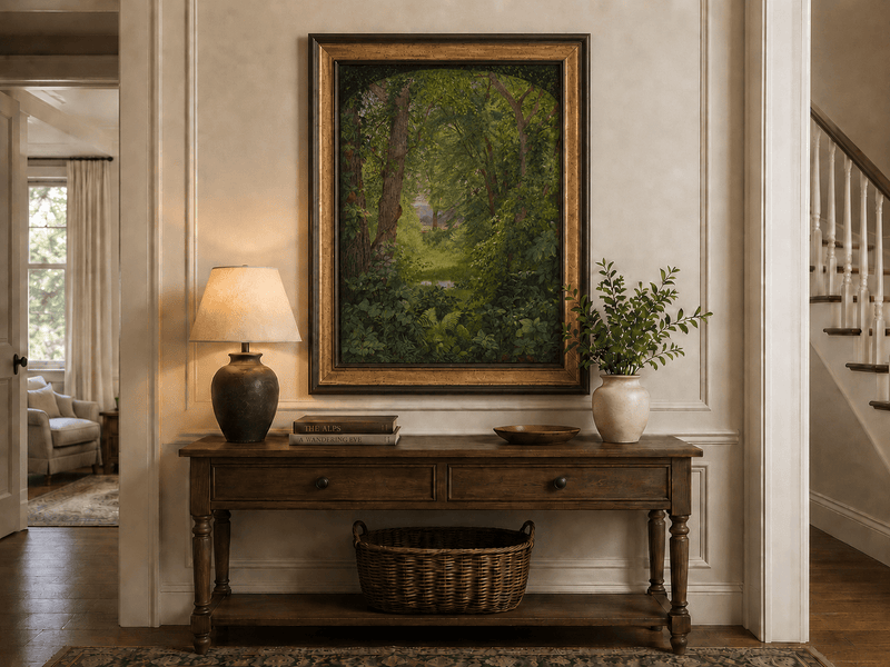 Framed hand-painted woodland oil painting with a green path leading to a small pond displayed above an entryway console table.