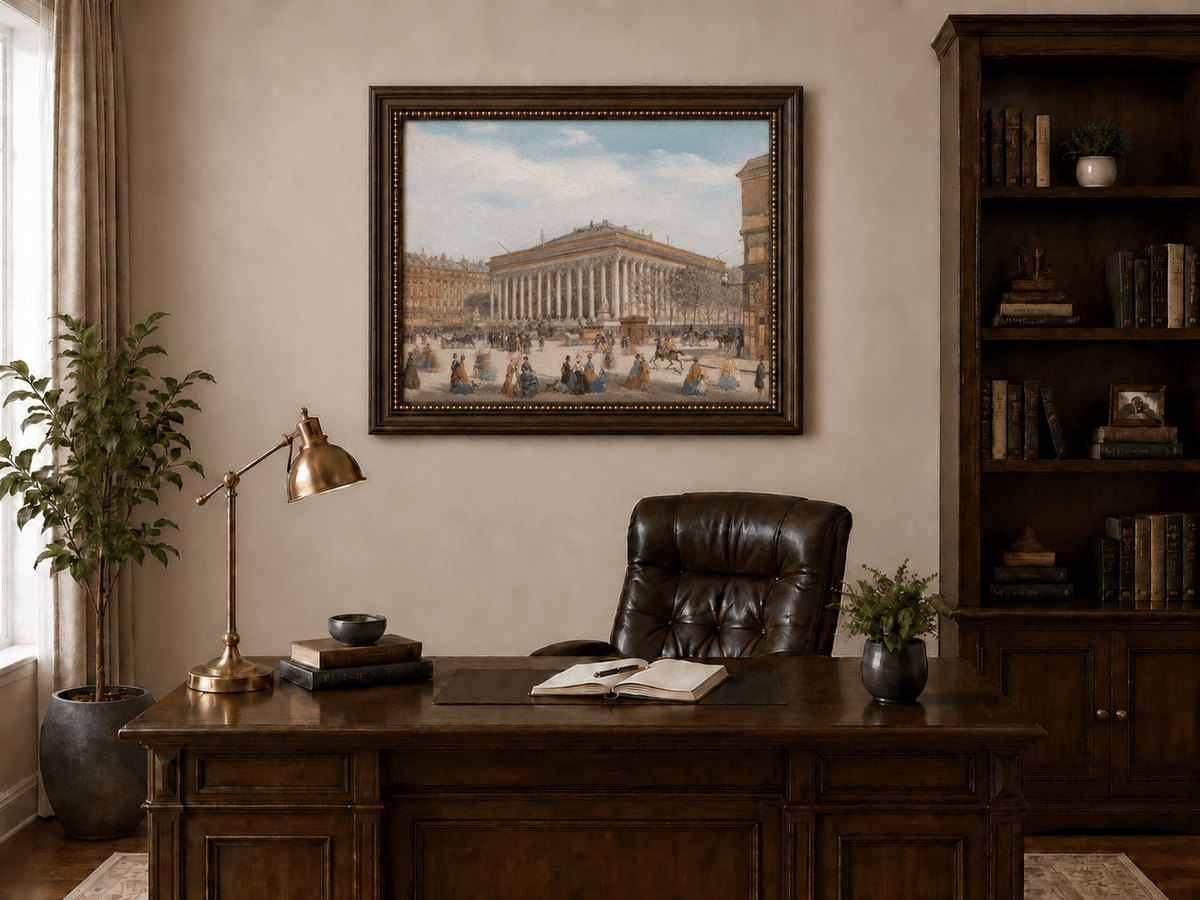 Peinture à l'huile de paysage - Église de la Madeleine : Façade néoclassique et